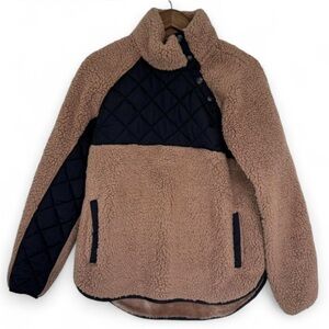 Small Abercrombie & Fitch Asymmetrical Snap-Up Beige and Black Fleece Pullover